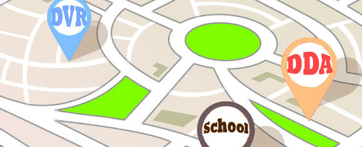 graphic of a street map with pins that read DVR, DDA, School