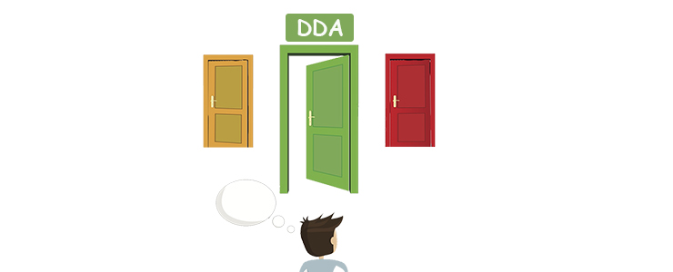 illustraion of a man staring at three doors, middle door says DDA