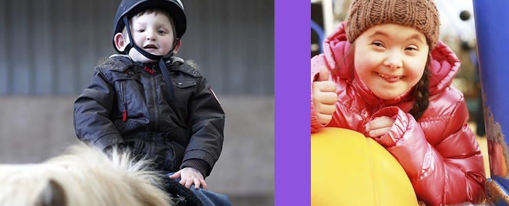 boy with disabilities on horseback, girl with Down syndrom on playground, smiling