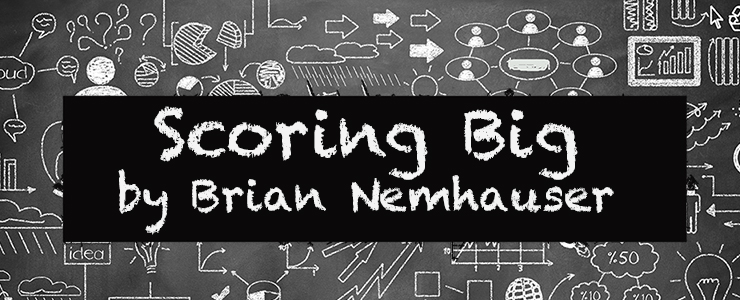 blackboard with graphics of charts and arrows. Text reads: Scoring Big by Brian Nemhauser