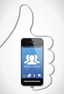 smart phone with social media icon and a thumbs up in background