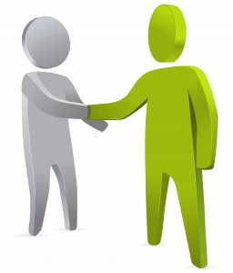Two stick figures shaking hands