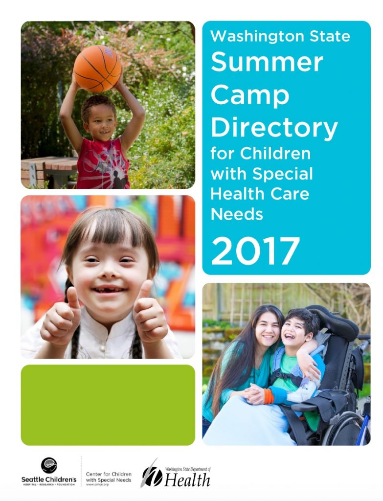Cover page of Washington State Summer Camp Directory for Children with Special Health Care needs. Photos of children at play.