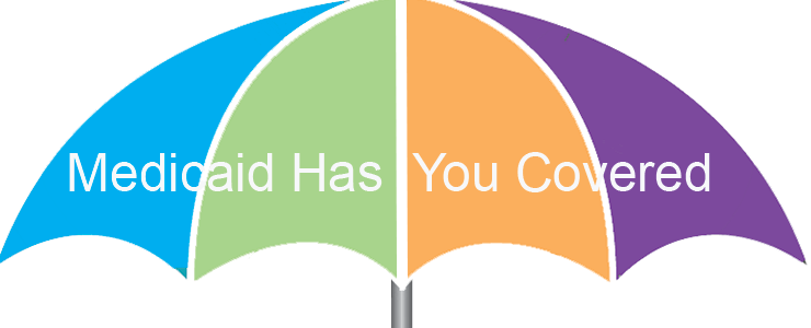 multi colored umbrella with text: Medicaid has you covered