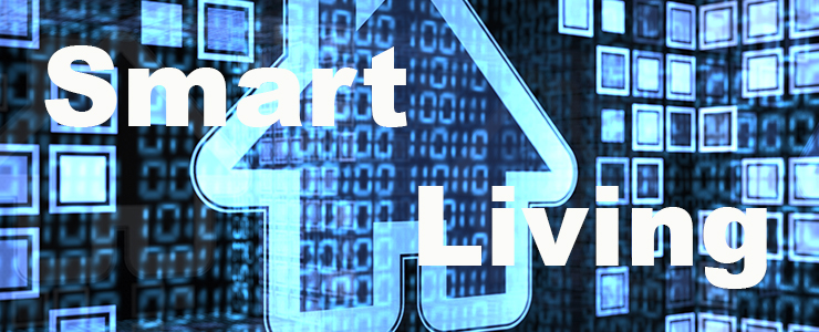 Graphic of a house with technology symbols background. Text reads: Smart Living