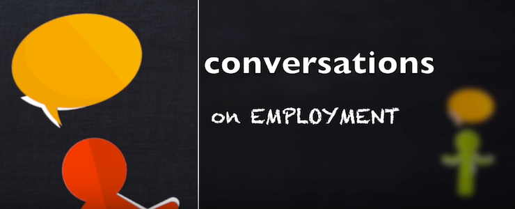 two stick figures with speech bubbles, title text reads conversations on employment.