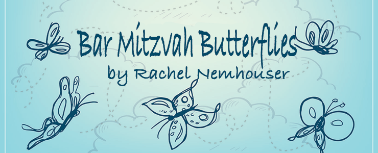 Bar Mitzvah Butterflies by Rachel Nemhauser. Background graphics: light blue with handrawn butterflies