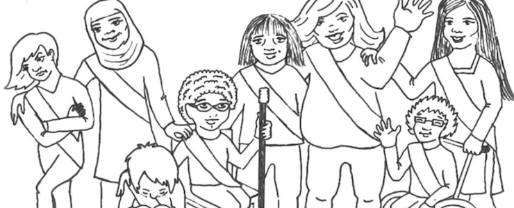 Black and white drawing of girls of diverse ethnicities, sizes and abilities. Text above the illustration reads: Tools and Guidelines for Including Girls with Different Abilities in Your Troop or Activity