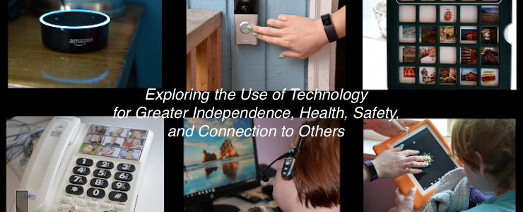 thumbnail images of techology with text that reads: Exploring the use of technology for greater independence, health, safety, and connection to others.