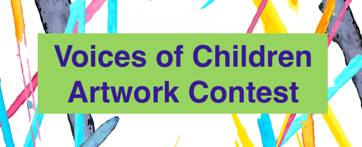 Voices of Children Artwork Contest, splashes of color with green text box.