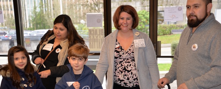 Parents and children with disabilities arriving at an advocacy day in Olympia.