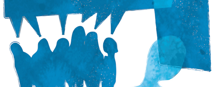 Cut outs of a crowd in background. Foreground cutout of a single person. All cutouts in shades of blue.