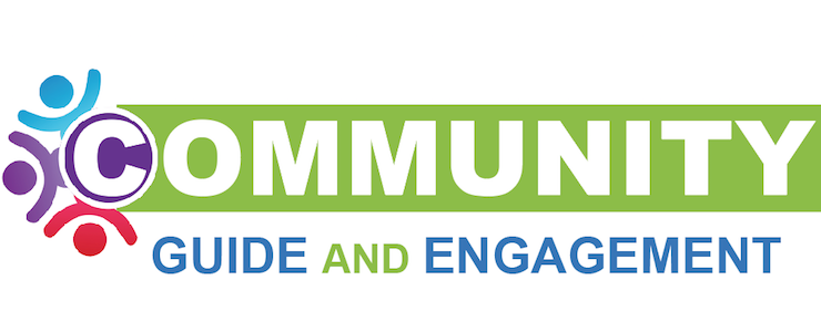 Community Guide and Engagement banner with green background, and multi-colored stick figures circling around the C in Community.