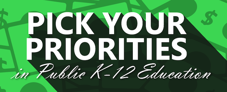 Pick Your Priorities in Public K-12 Education. Dollar bill graphics in background.