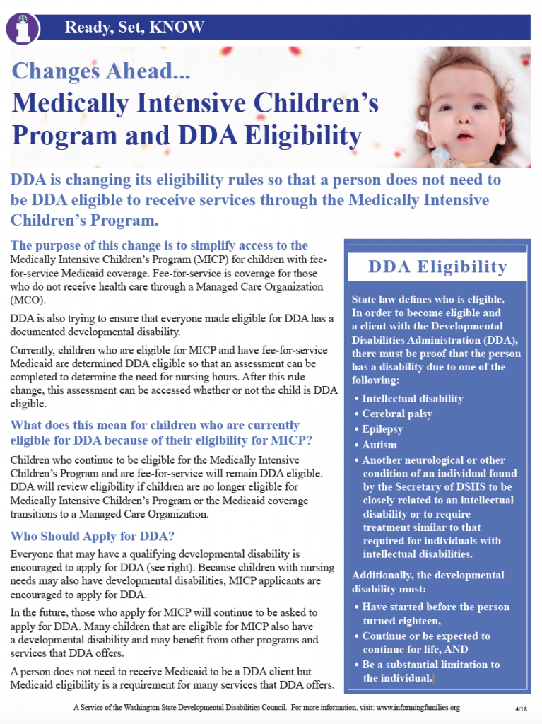 Thumbnail image of the printable version of this article on changes to the Medically Intensive Children's Program and DDA Eligibility