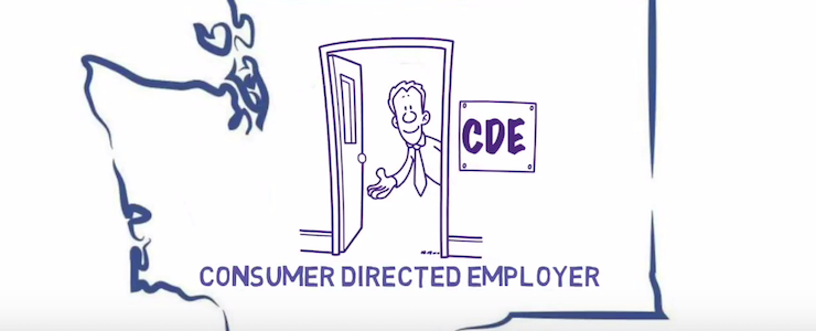 Blue outline of Washington State with a cartoon graphic of a man standing inside and open door, holding out his arm in welcome. The sign outside the door says CDE. Below the image, the title reads: Consumer Directed Employer.