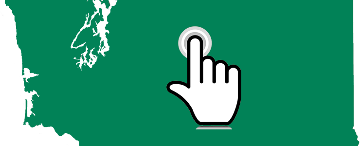 Cropped green map of Washington State with graphic of a finger locator in the center of the map.