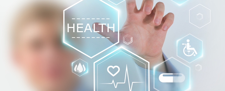 Medical doctor behind a windwo, blurred, hand is pointing to modern medical icons. Blue overcast to the image.