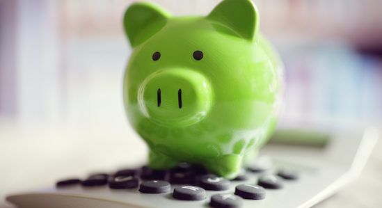 Lime green piggy bank on calculator.