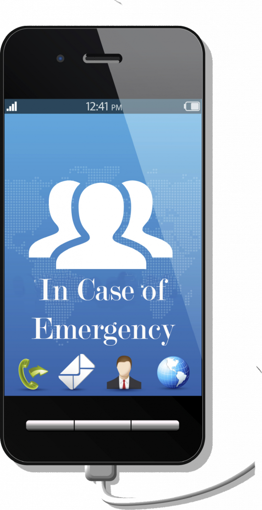 smart phone screen with communication icons and text In Case of Emergency