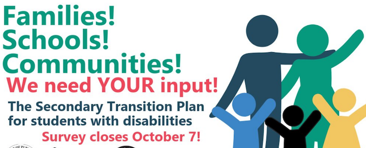 Secondary Transition Survey Announcement with multicolored stick people graphic.