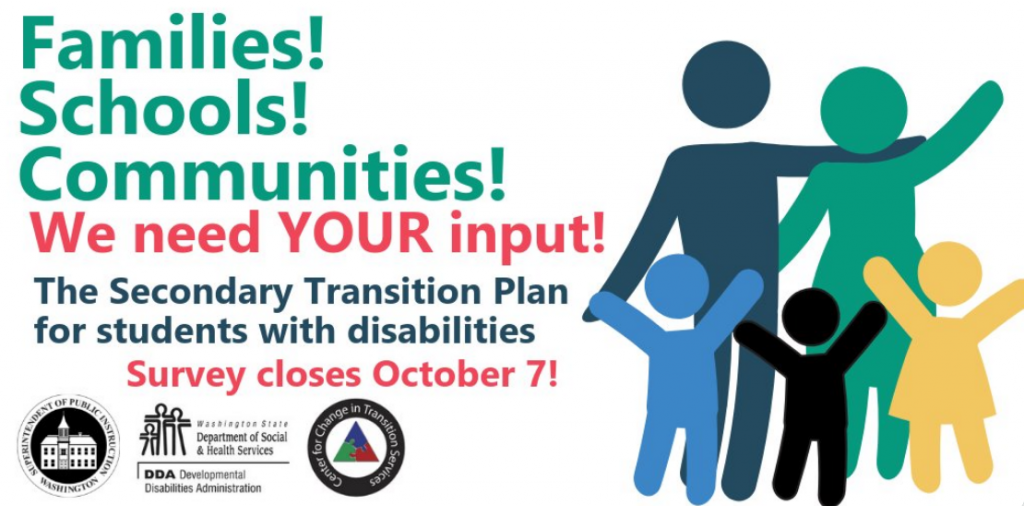 Secondary Transition Survey Announcement with multicolored stick people graphic.