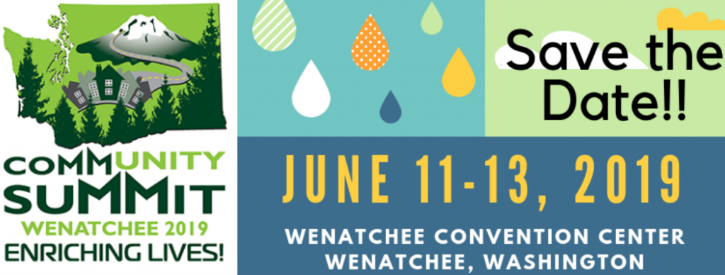 Community Sumimit logo with Save the Date June 11-13, 2019. Blue, green, turquoise background with raindrops and dots and clouds.