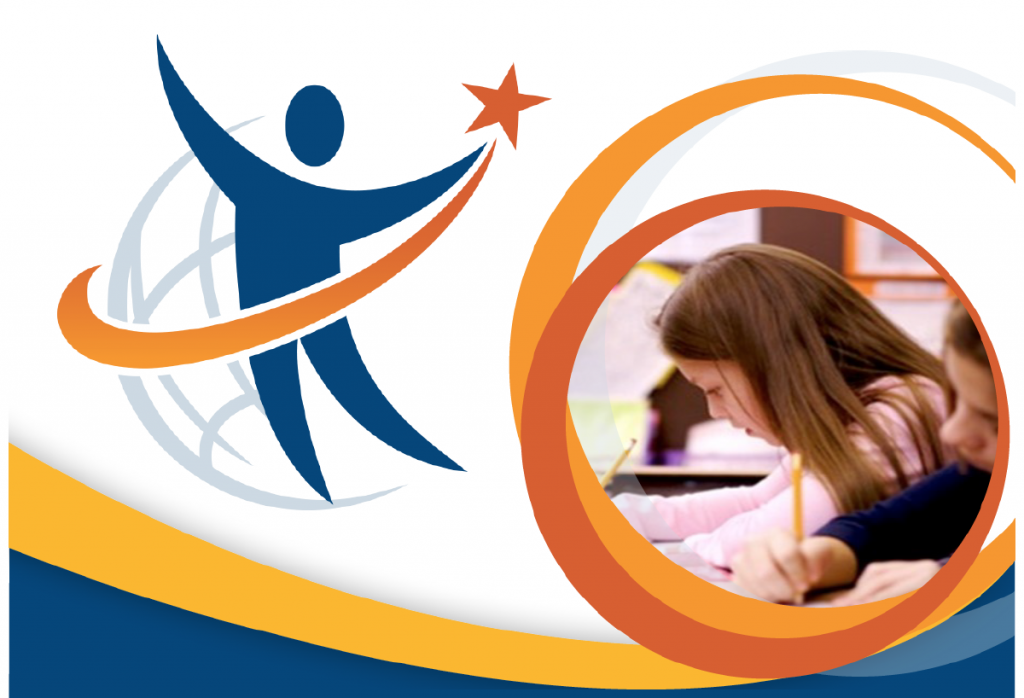 Swoopy stick figure in blue with arcing orange star and circles looping around the photo of a school girl.