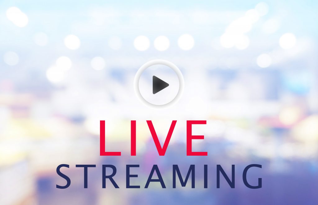 Bokeh blur background with a video play arrow. Text reads: LIVE STREAMING.