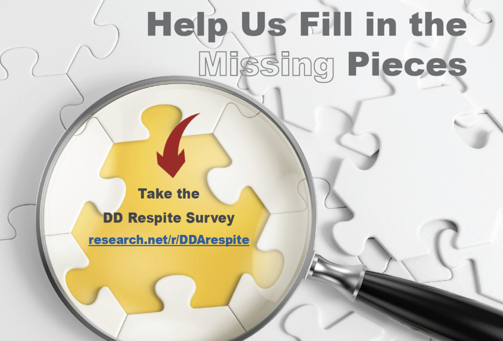 Magnifying glass held up to a puzzle with a missing piece. Text reads: Help us fill in the missing pieces. Take the respite survey at research.net/r/DDArespite