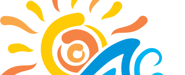 Orange, yellow and blue graphic of the sun and waves