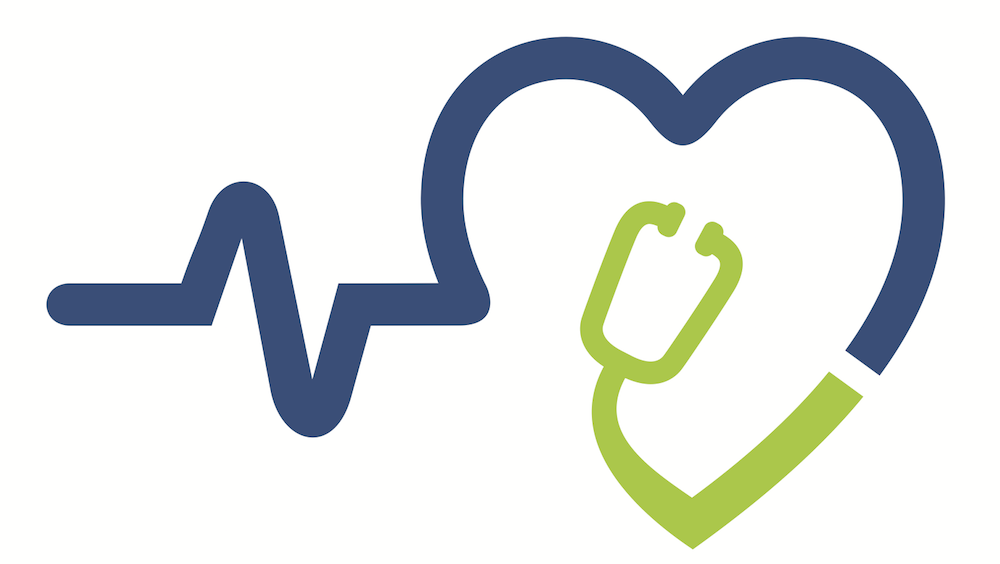 blue and green line graphic of a heartbeat, heart and stethoscope.