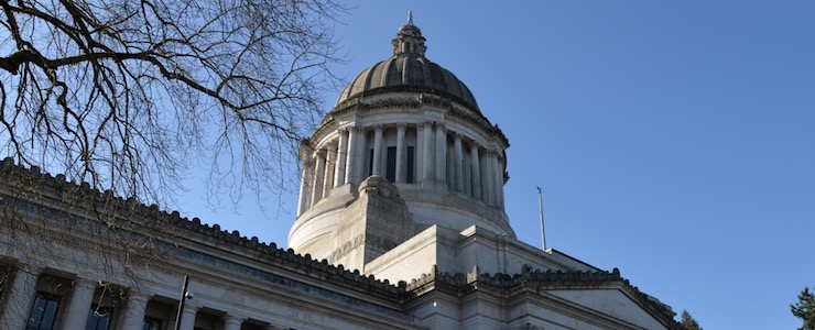 Exterior angled shot of legislative building in Olympia, WA.