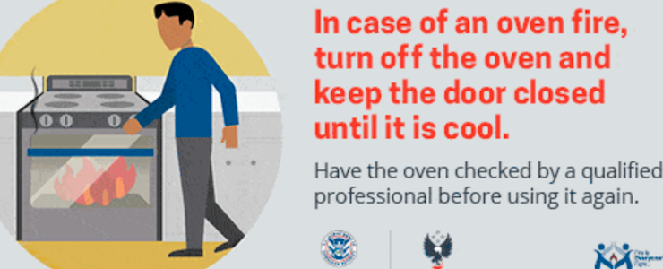 Kitchen safety graphic with instructions to turn off oven and keep door closed in case of oven fire.