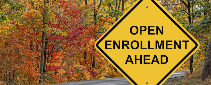 Open Enrollment Caution Sign With Autumn Road Background