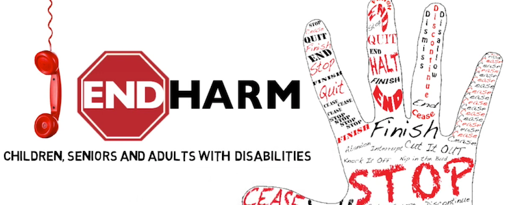 Graphic of red and black END HARM logo next to the outline of a hand with different words for end, stop and prevent.