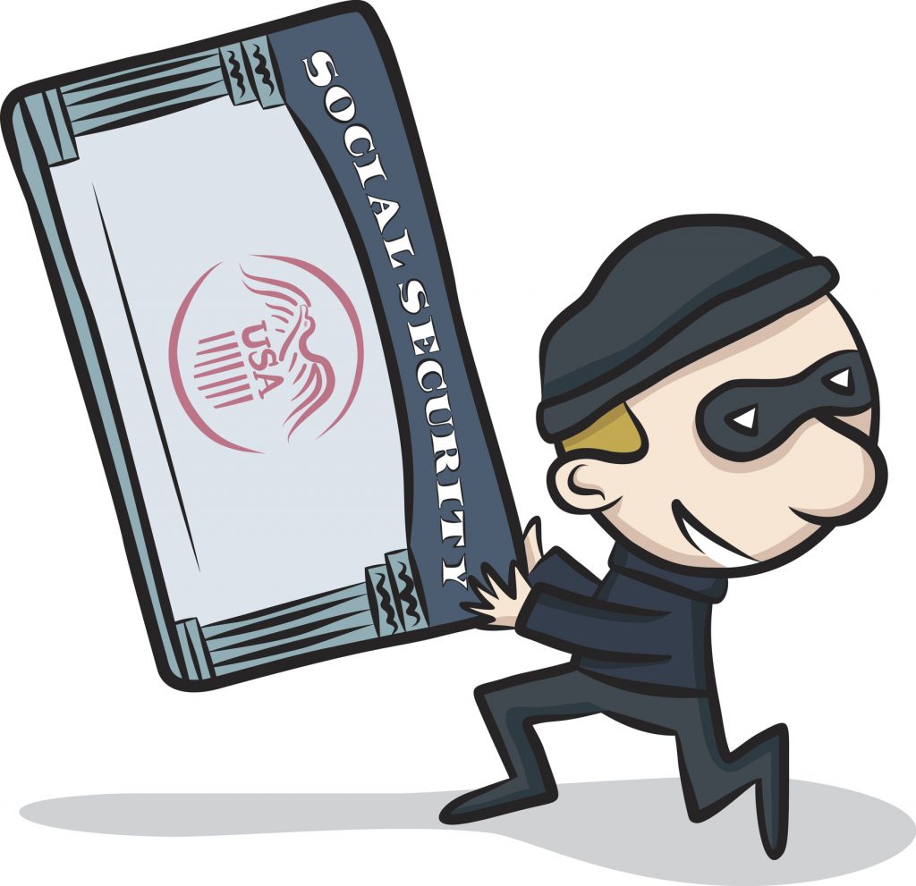 Man in robber mask sneaking away with a Social Security card.