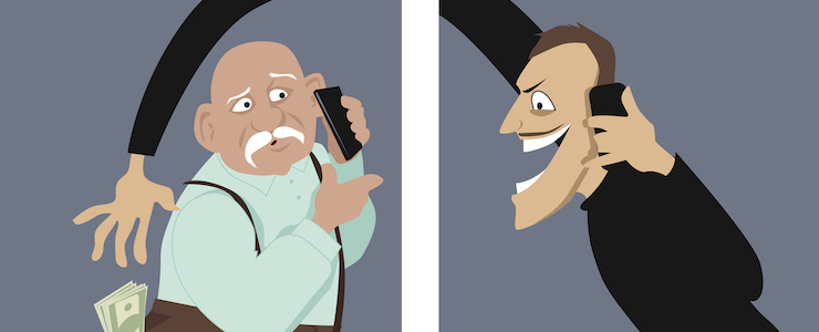 Scammer talks on a phone with a senior man and trying to steal money out of his pocket.