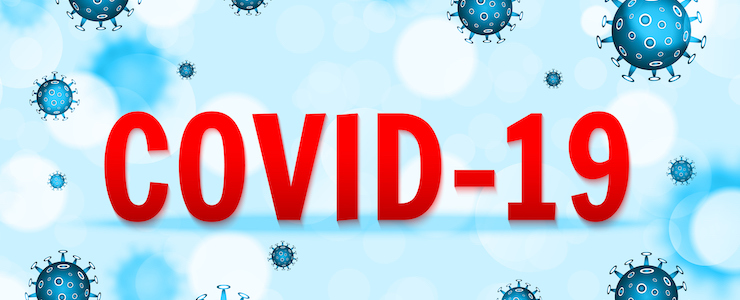 COVID-19 in red text. Background in blue with floating spiked coronavirus cells.