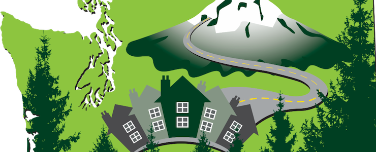 Cropped Community Summit logo with map of Washington with images of Mount Rainier, trees, and a road leading to houses.