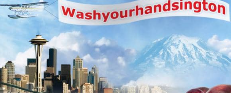 Seatle skyline with airplane flying a Washyourhandsington banner.