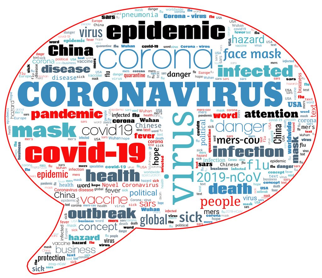 Tag bubble cloud on theme Coronavirus COVID-19 Outbreak on white background. Abstract concept Coronavirus disease COVID-19.