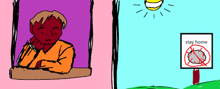 Person of color looking out their window. Sun in the sky is wearing a mask.