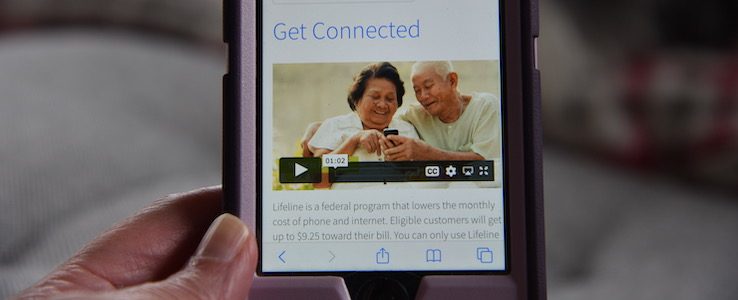 Smart phone featuring webpage for Lifeline internet services.