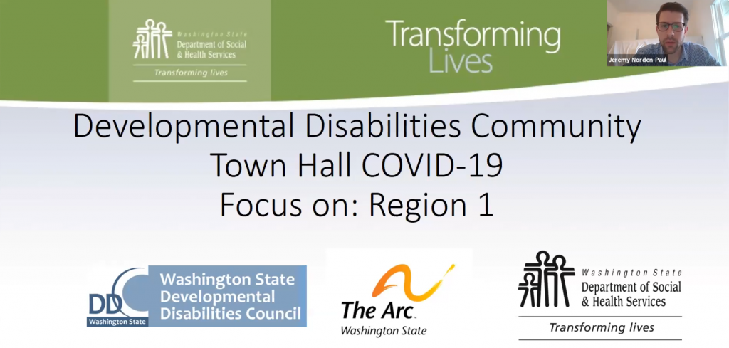 Screen shot of DD Virtual Town Hall title card with thumbnail image of host, Jeremy Norden-Paul in upper right corner.