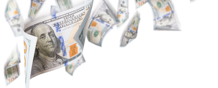 Several 100 Dollar Bills Falling From Above On White Background.