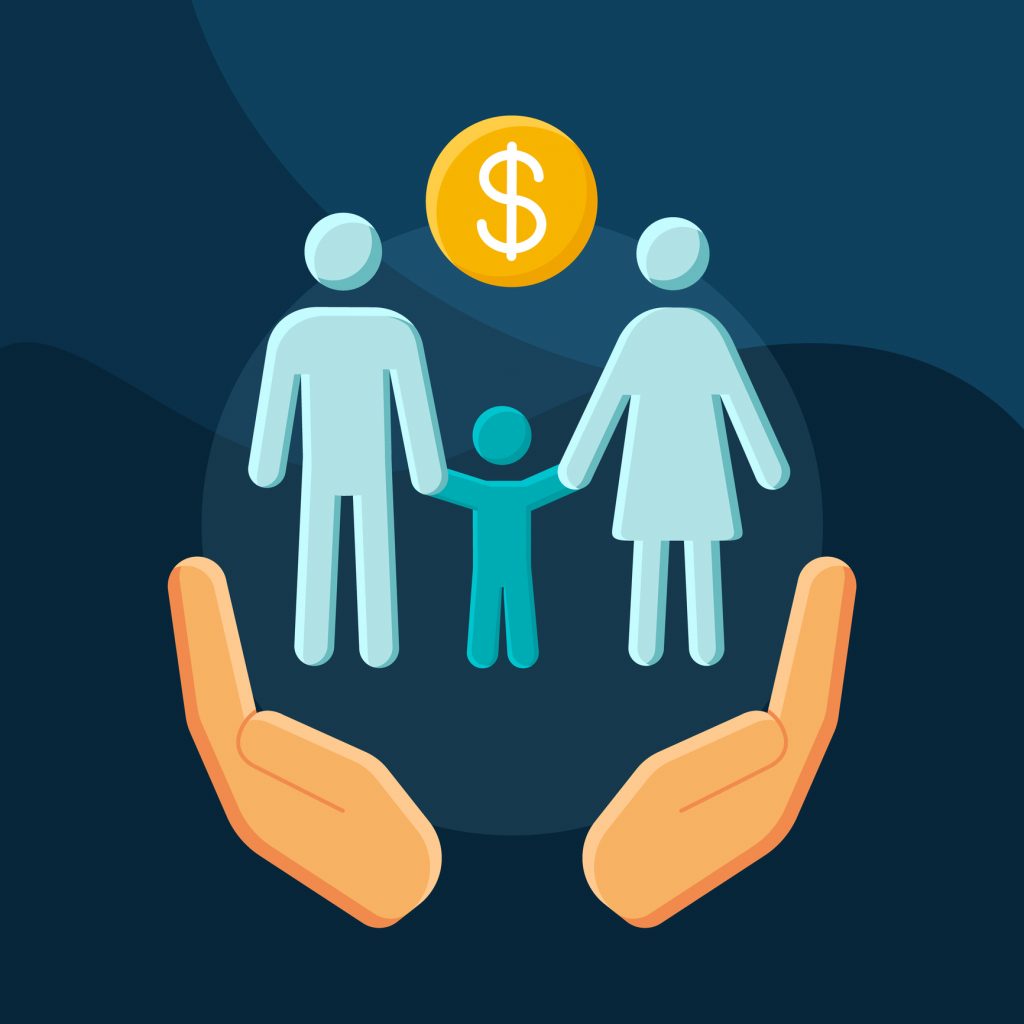 Social benefits flat concept vector icon. Low income financial assistance idea cartoon color illustrations set. Family welfare. Social safety net. Isolated graphic design element.