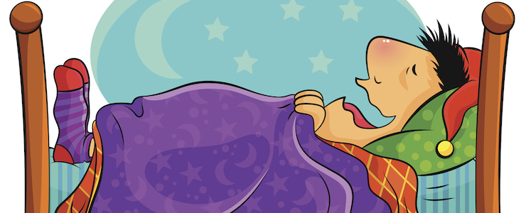 Peaceful cartoon man sleeping in bed. Moon and stars outside the window.