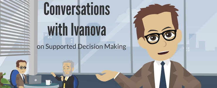 Cartoon of Ivanova Smith set against backdrop of a studio with guest David Lord.