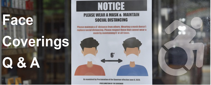 Notice of face covering ordinance in the window of a pharmacy.